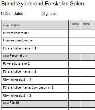 Protokoll för brandskyddsrond.