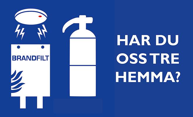Illustration av brandvarnare, handbrandsläckare och brandfilt.