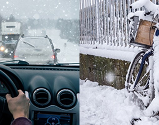 Bildkollage med två foton: En person som kör bil i ett snöoväder och en igensnöad cykel.